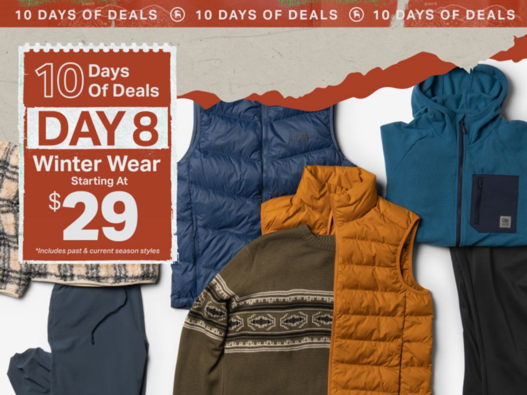 A laydown featuring sweaters and vests with a graphic element in left saying “10 days of deals, Day 8, soft warm and fireside starting at $29 *includes past & current season styles”